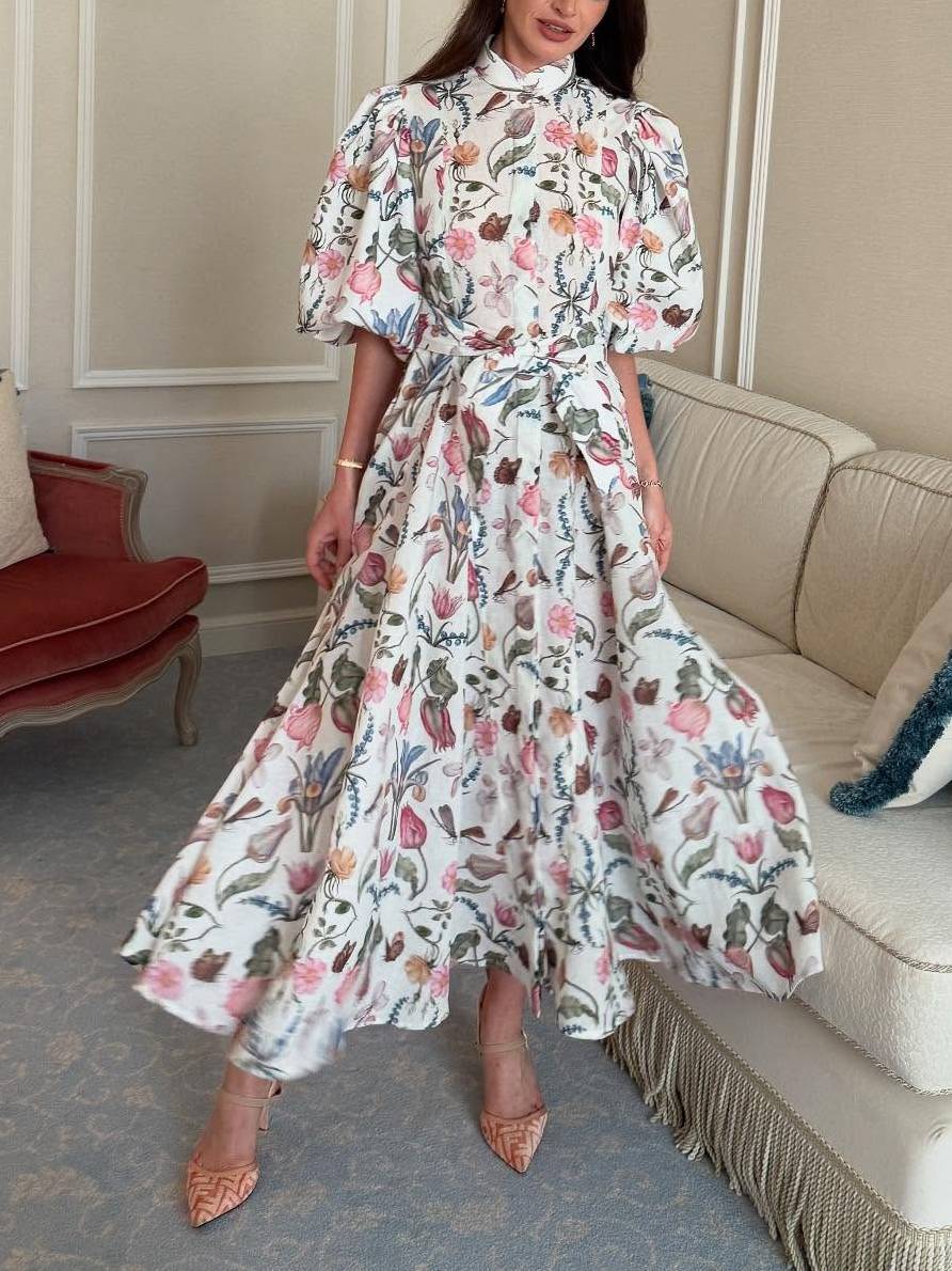 Kraagloze Pofmouw Print Jurk