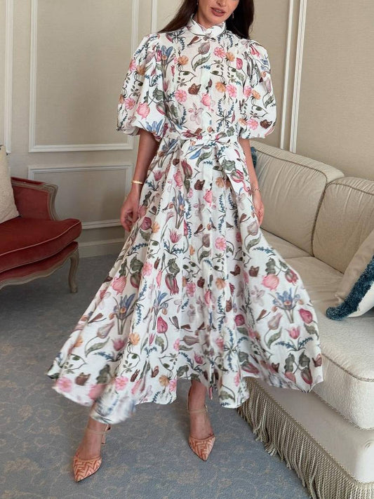 Kraagloze Pofmouw Print Jurk