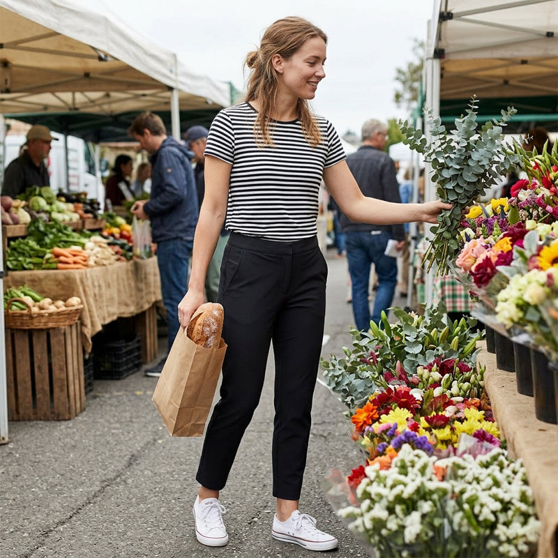 🔥 Stretchbroek met hoge taille voor dames, met stevige zakken met rits, flatterende cropped-pasvorm voor op kantoor, tijdens het sporten en in het dagelijks leven ✨