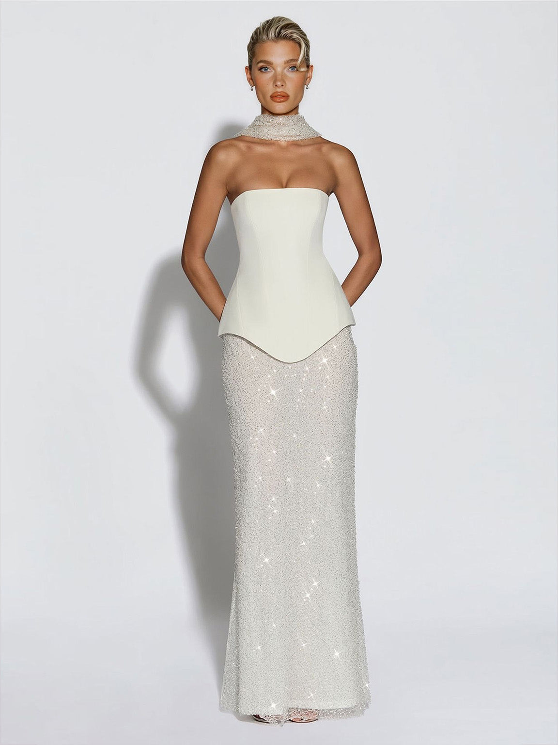 Elegante Strapless Pailletten Rok En Sjaal Twee-Delige Set