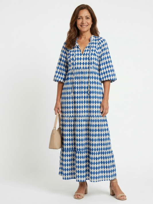 Elodie | Jurk met diamantpatroon en volants