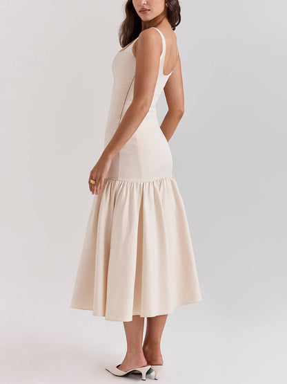 Elegante Midi-jurk met Vierkante Hals en Brede Bandjes