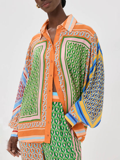 Kleurvolle Unieke Print Ballon Mouw Knop Losse Shirt