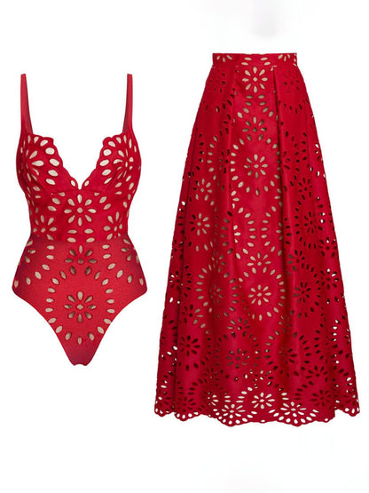 Elegante Bloem Hollow Eendelig Badpak en Rok