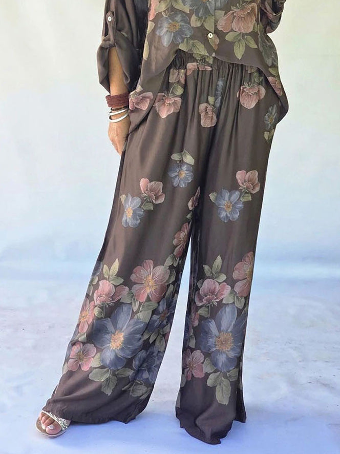 Retro Bloemenprint Overhemd met Kraag & Elastische Taille Wijde Broek Twee-Delige Set