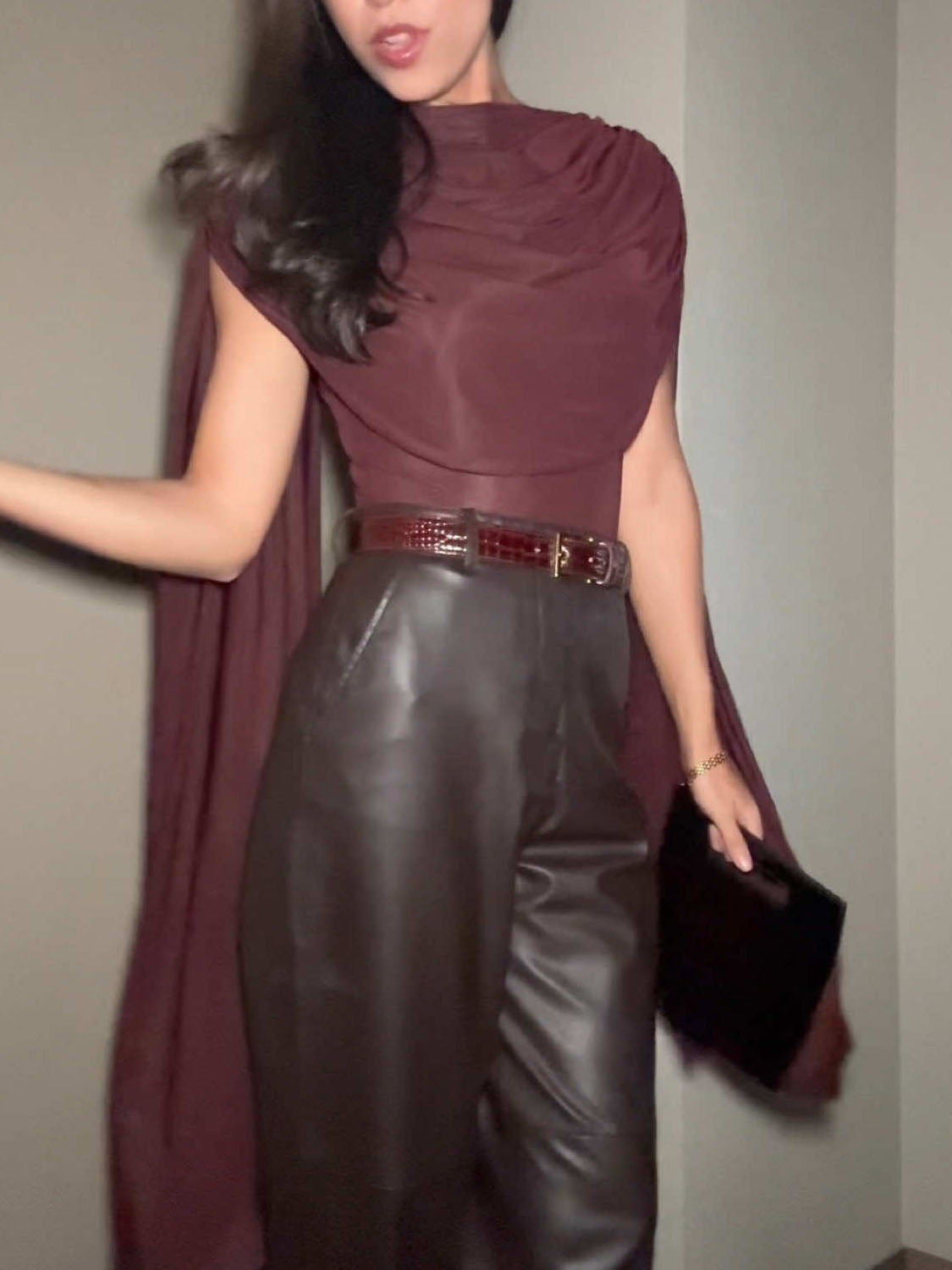 Elegante Drapé Top En Wijde Nep Leer Broek Twee-delige Set