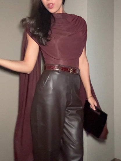Elegante Drapé Top En Wijde Nep Leer Broek Twee-delige Set