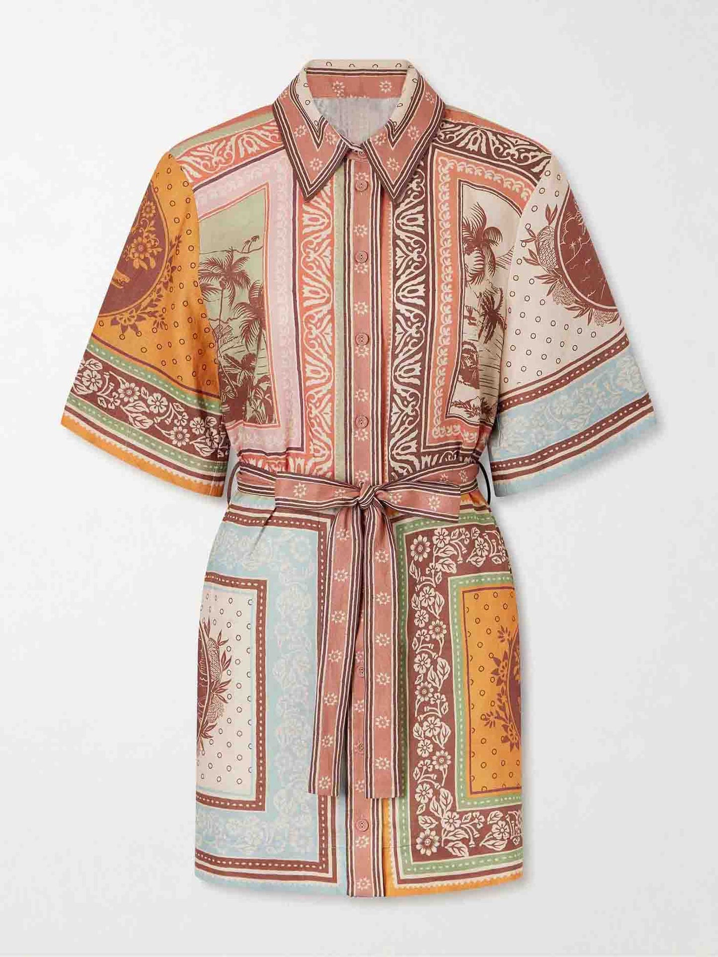 Retro Sjaalprint Korte Mouwen Strik Voor Shirt Jurk