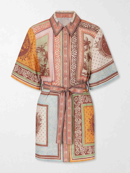 Retro Sjaalprint Korte Mouwen Strik Voor Shirt Jurk
