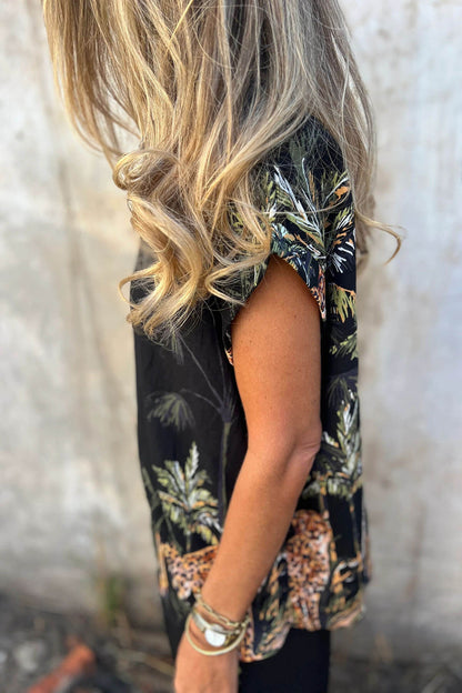 Unieke Jungle Print Elastische Taille Zak Brede Pantalon