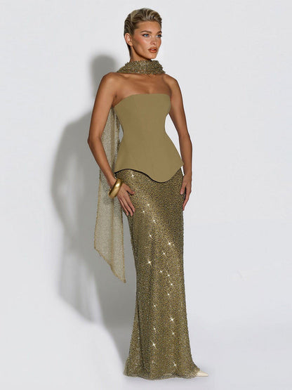 Elegante Strapless Pailletten Rok En Sjaal Twee-Delige Set