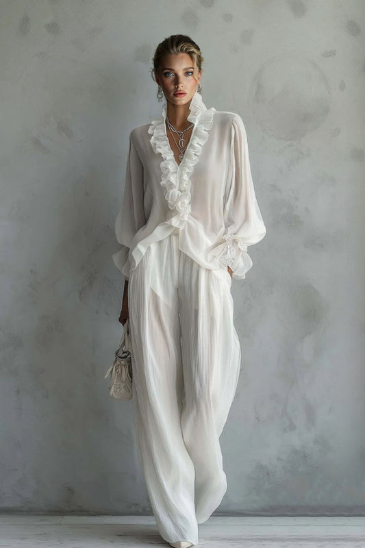 Kanten Lange Mouwen Shirt En Wijde Pantalon Set