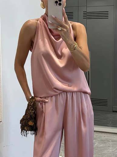 Elegante Halter Nek Swing Kraag Top En Brede Pantalon Set-Top