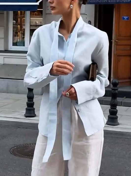 Minimalistische Staande Kraag Riem Rug Lace-up Shirt en Brede Pantalon Set-Shirt