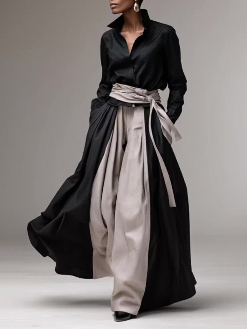 Elegante Contrast-Taille Shirt & Wijde Pantalon Twee-Piece Set