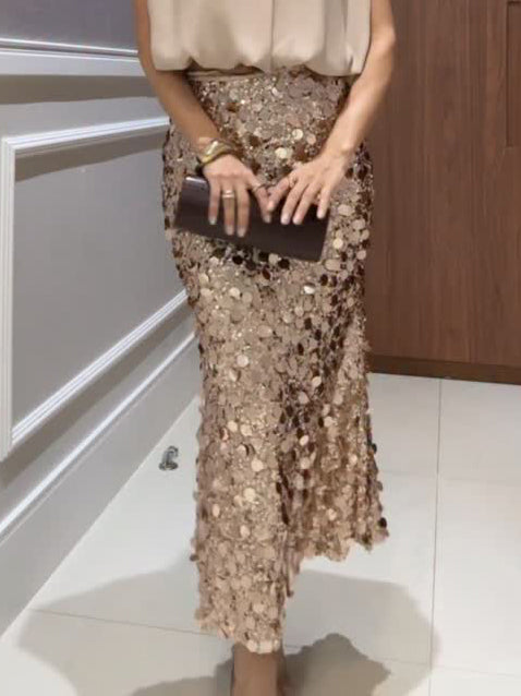 Elegante Mouwloze Blouse & Pailletten Midi Rok Twee-Delige Set