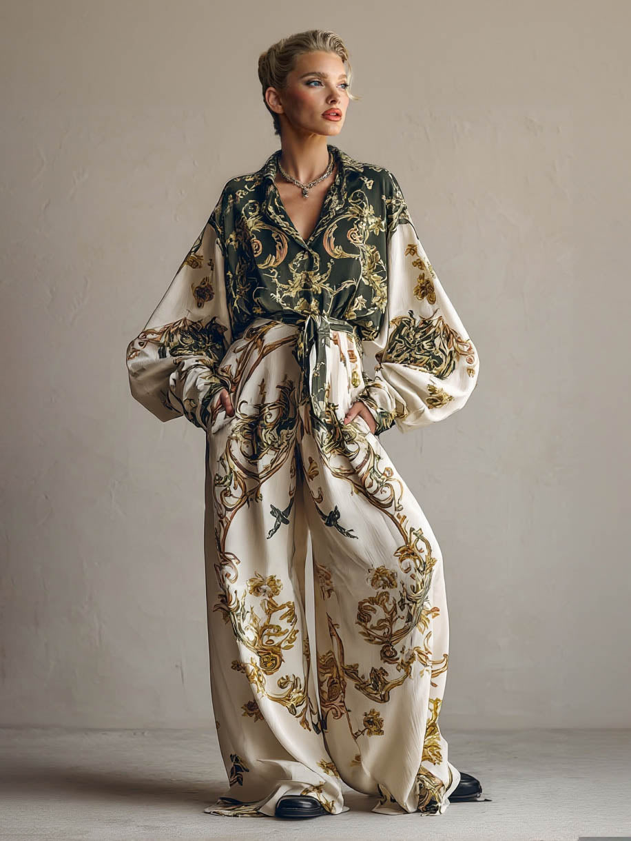 Retro Barok Bloemenprint Shirt Twee-delige Set