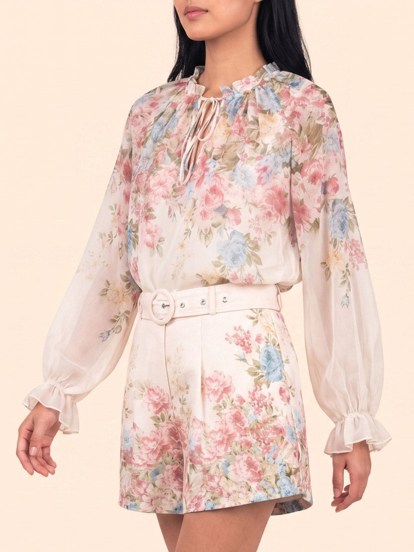 Exquisite Floral Print Lange Mouwen Chiffon Shirt & Shorts Set
