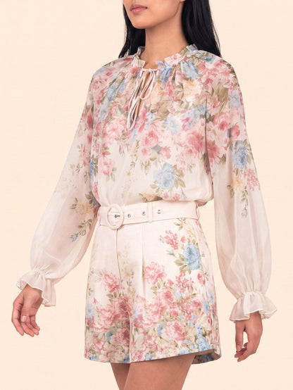 Exquisite Floral Print Lange Mouwen Chiffon Shirt & Shorts Set