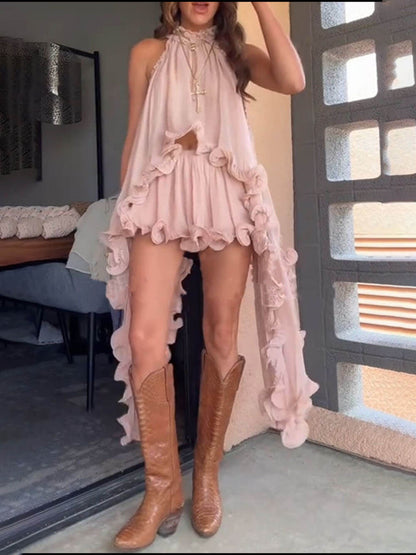 Delicate Romantische Drama Chiffon Golvende Ruffles Elastische Taille Losse Shorts