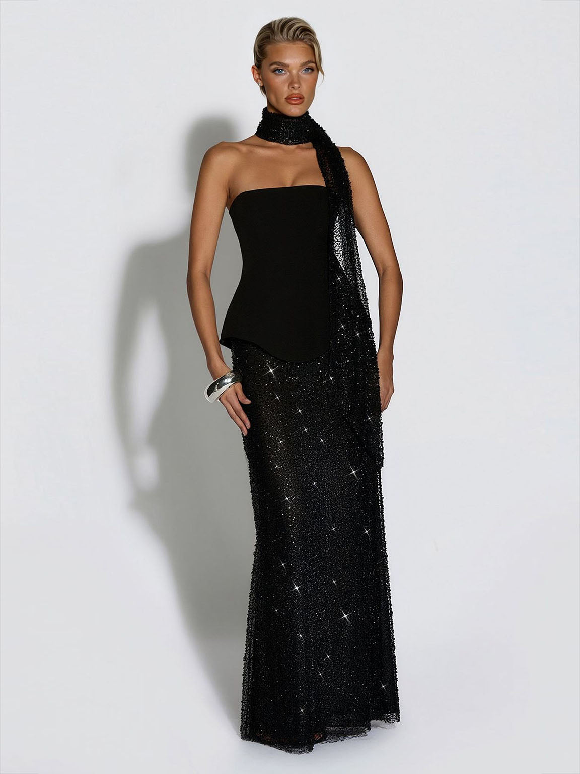 Elegante Strapless Pailletten Rok En Sjaal Twee-Delige Set