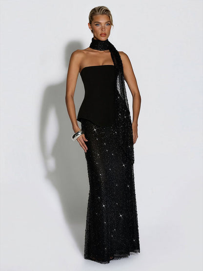 Elegante Strapless Pailletten Rok En Sjaal Twee-Delige Set