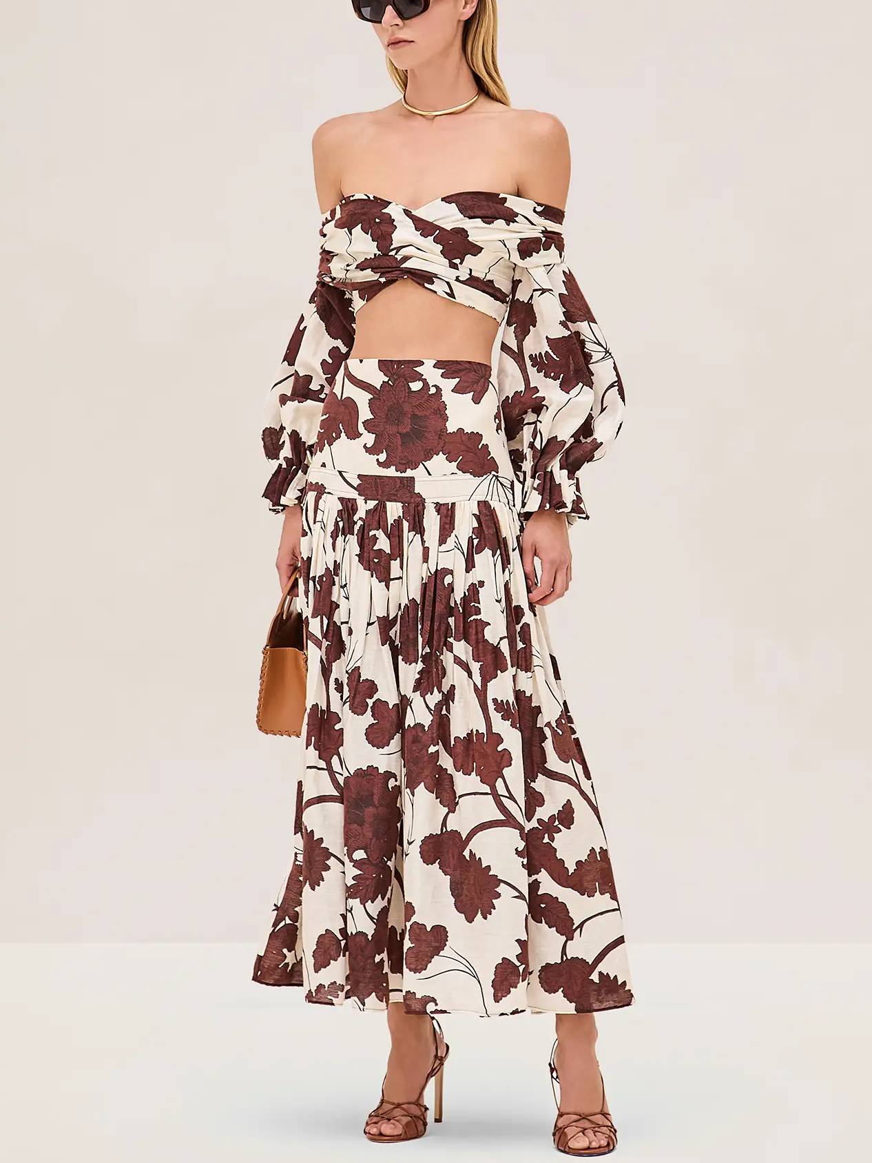 Geprinte Off-shoulder Top En Rok Set