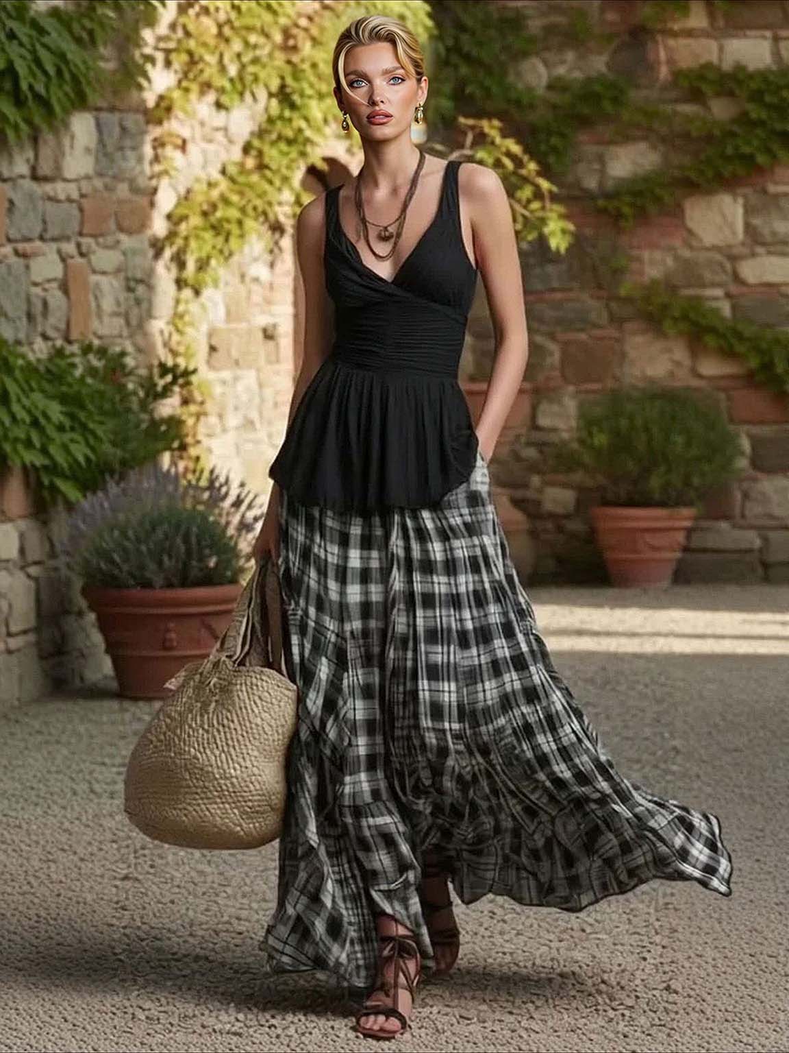 Casual Ruit Tanktop & Rok Twee-delige Set