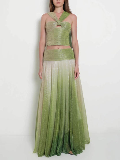 Elegante Ombre Gedrukte Eén-Schouder Cutout Top en Hoge Taille A-Lijn Rok Set