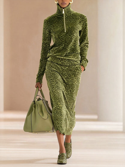 Casual Leopard-Textuur Half-Zip Top & Midi Rok Twee-Piece Set