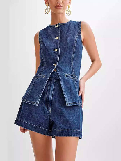 Minimalistische Old Money Stijl Denim Vest En Shorts Set