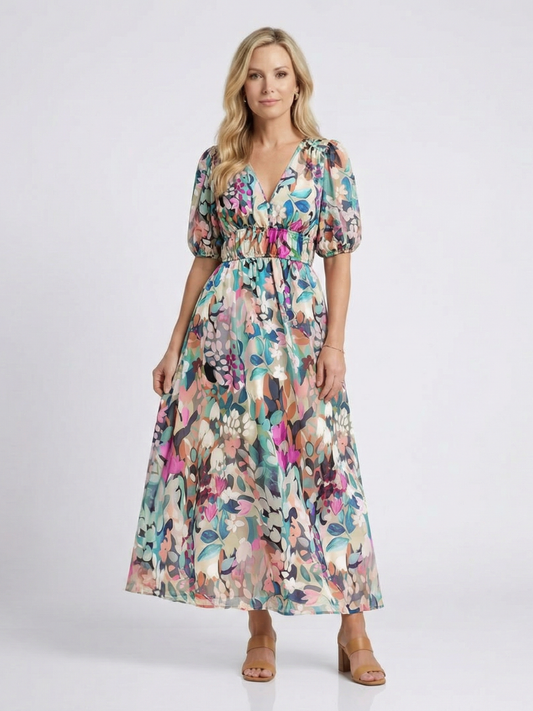 Eulalie | V-Hals Korte Mouw Gerimpeld Taille Midi-Jurk