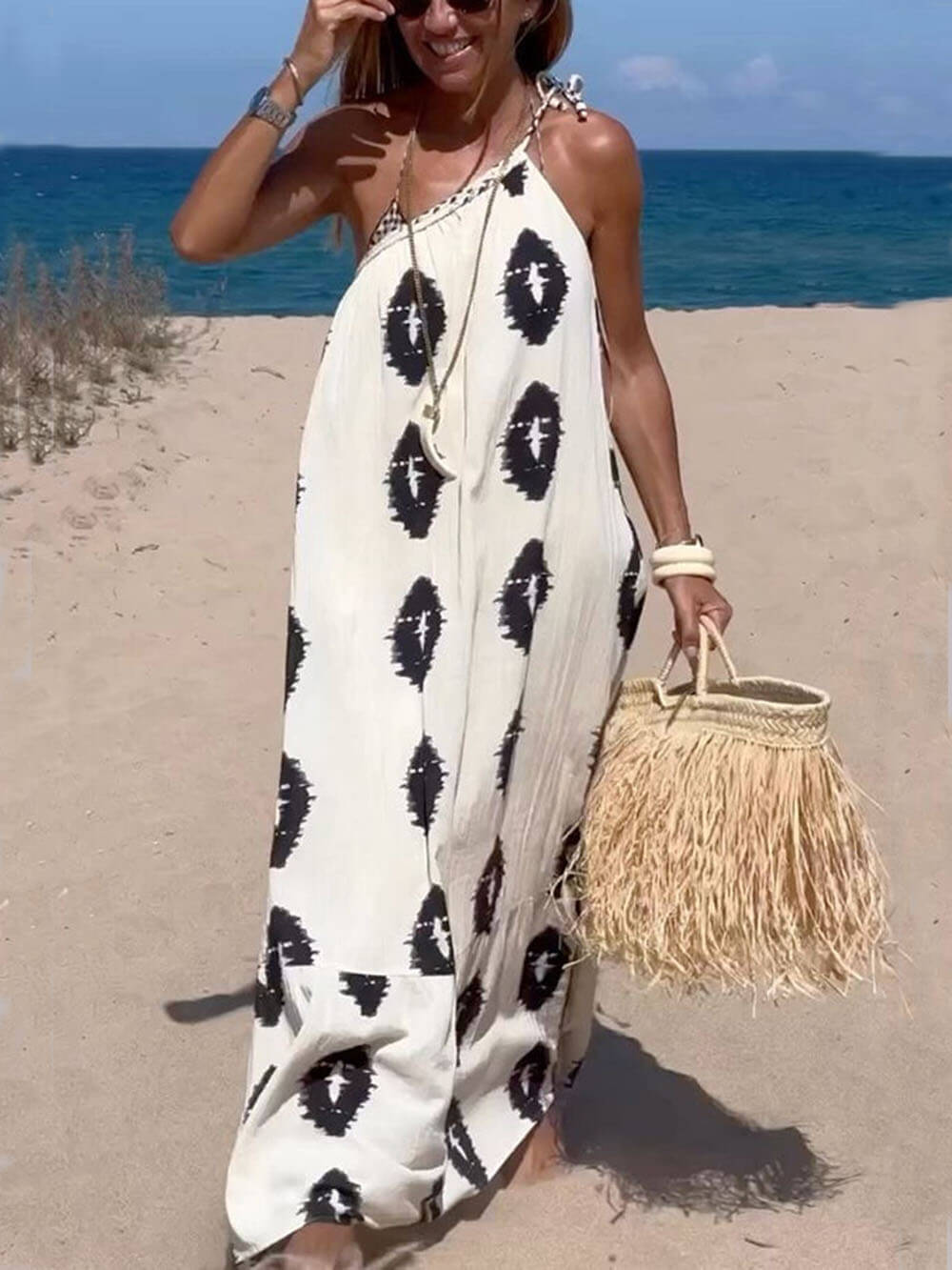 Zonneschijn Etnische Print One-Shoulder Losse Maxi Jurk