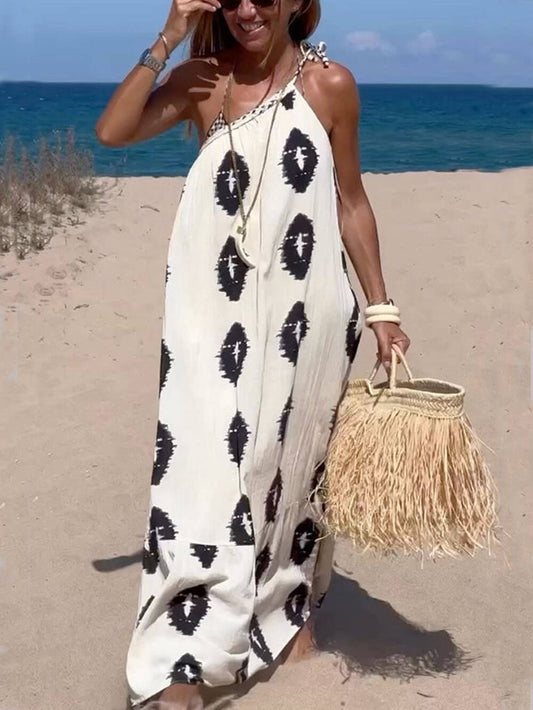 Zonneschijn Etnische Print One-Shoulder Losse Maxi Jurk