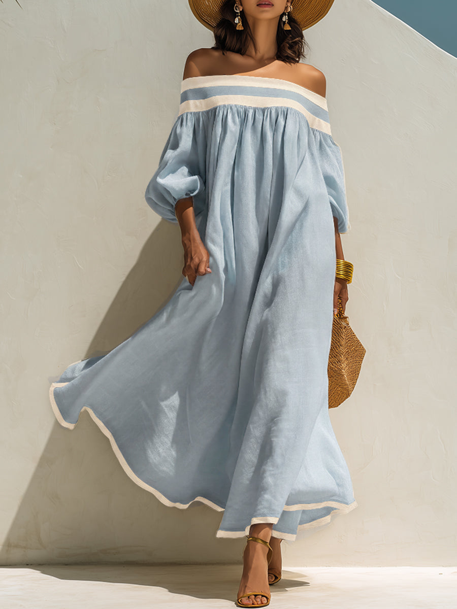 Loszittende maxi-jurk met kleurblokken en blote schouders, van beige katoen-linnen