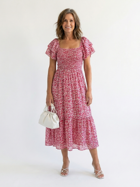 Odette | Off-Shoulder Bloemen Smocked Midi Jurk