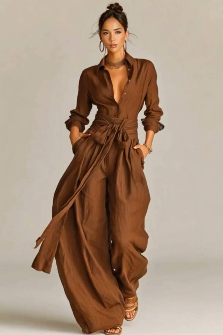 Minimalistische Shirt En Laced-Up Wijde Pantalon Set