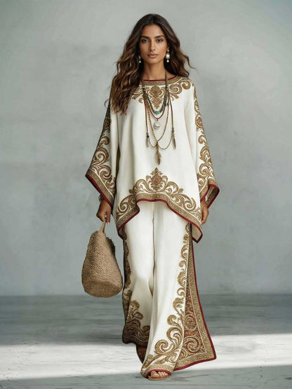 Elegante Satijnen Gedrukte Oversized Sjaal Top & Broek Twee-Delige Set