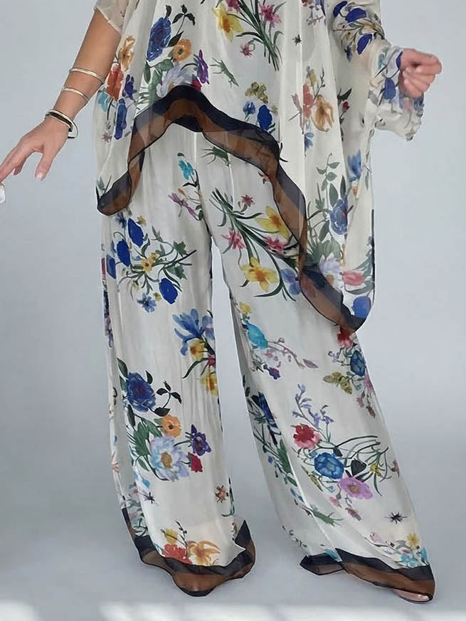 Elegante Transparante Bloemenprint Asymmetrische Top met Één Schouder & Wijde Pantalon Set