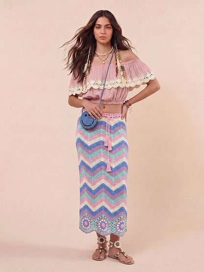 Bohemian Ruffle Crop Top & Haak Herringbone Rok Twee-Delige Set