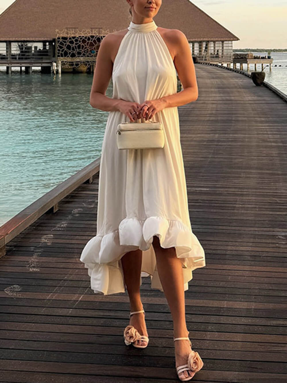 Elegante Rimpel Halter Nek Mouwloze Jurk