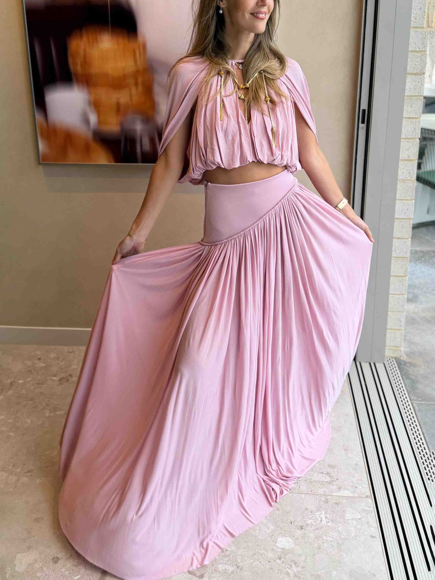 Sexy Gerimpelde Crop Top & Vloeiende Maxi Rok Set