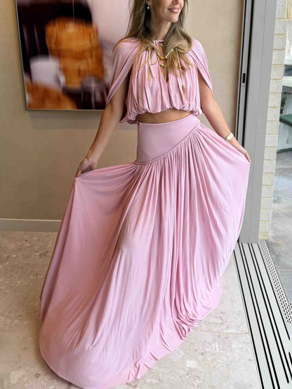 Sexy Gerimpelde Crop Top & Vloeiende Maxi Rok Set