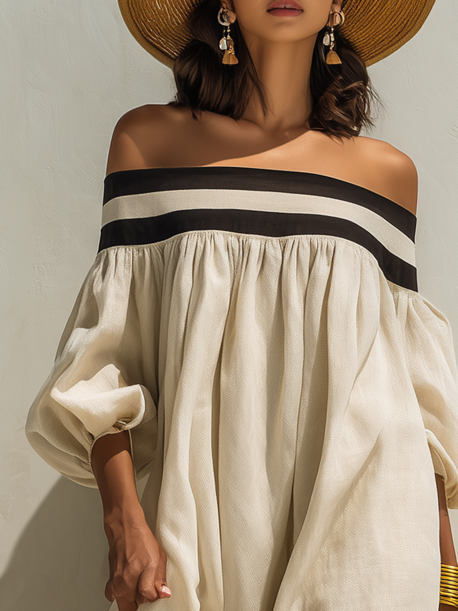 Loszittende maxi-jurk met kleurblokken en blote schouders, van beige katoen-linnen