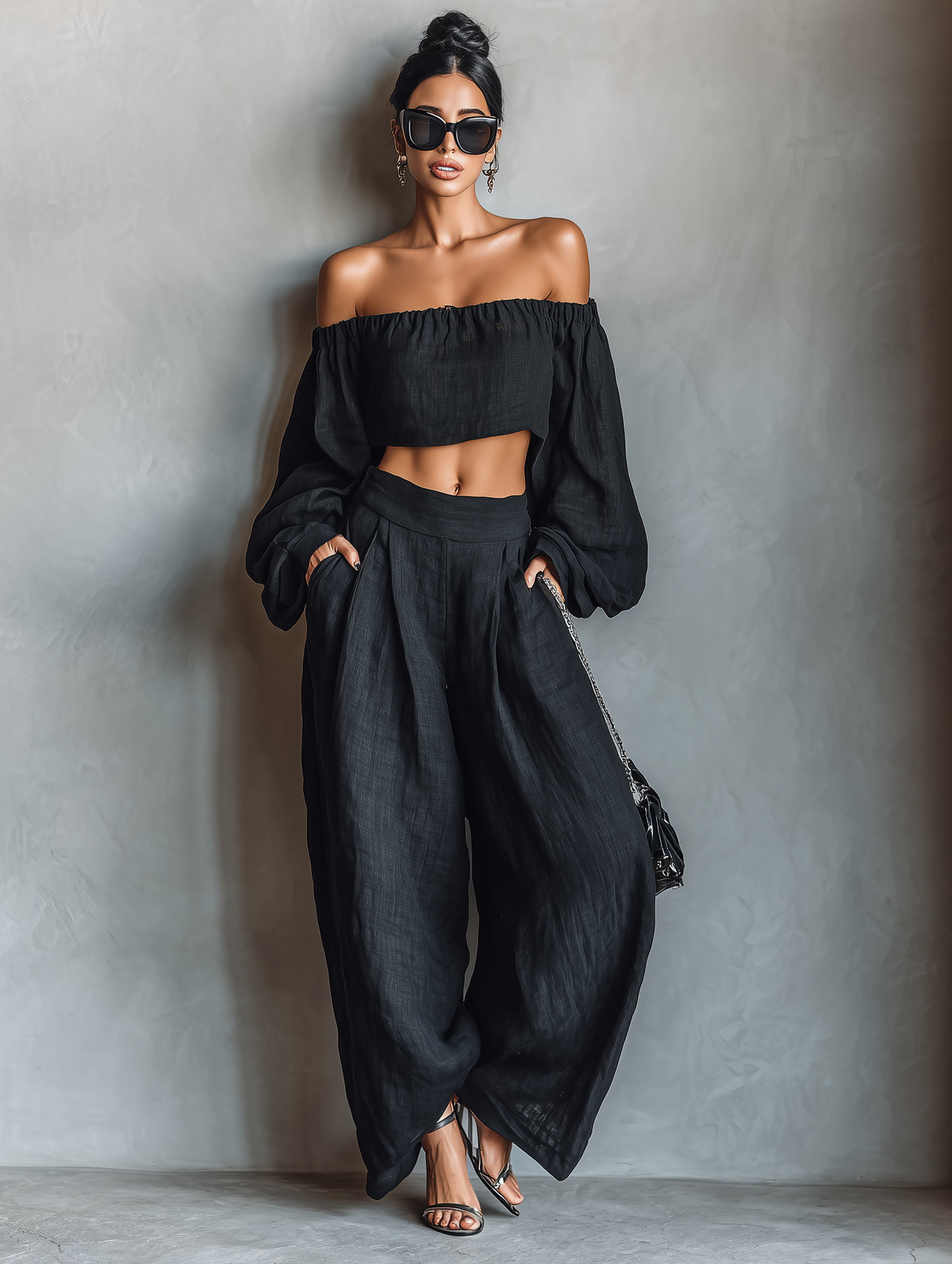 Dames Minimalistische Linnenmix Strapless Lange Mouw Blouse en Wijde Broek Set MDA1900L7Y