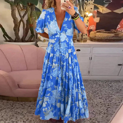 💃Loszittende lange jurk met V-hals en bloemenprint