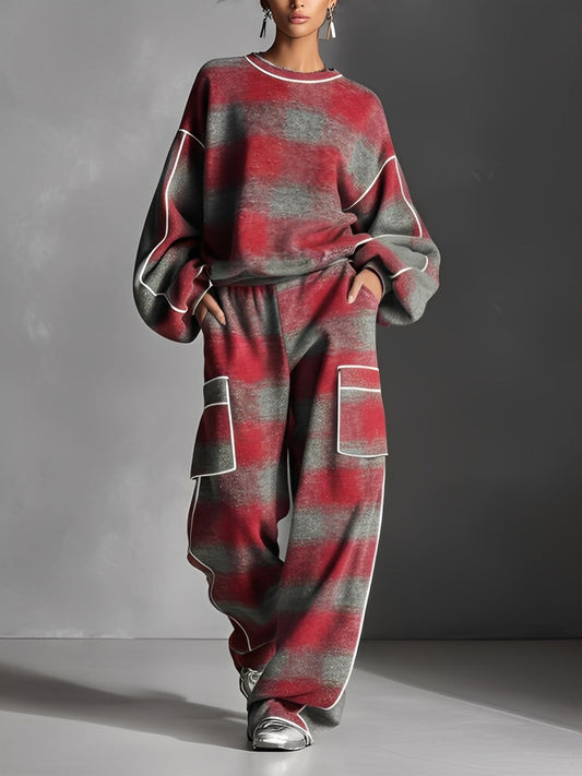 Dames Rood En Grijs Geruit Geborsteld Versleten Street Style Kleur Geblokte Piping Jumpsuit Set MDA1065K4I