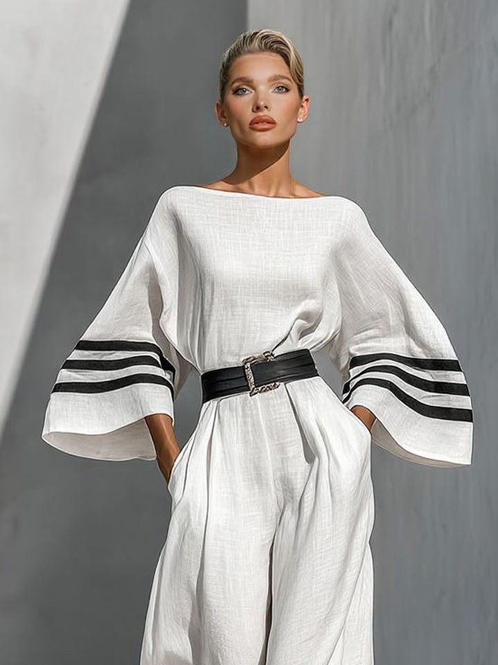 Minimalistische Gestreepte Taille-Tie Bell-Mouw Jumpsuit