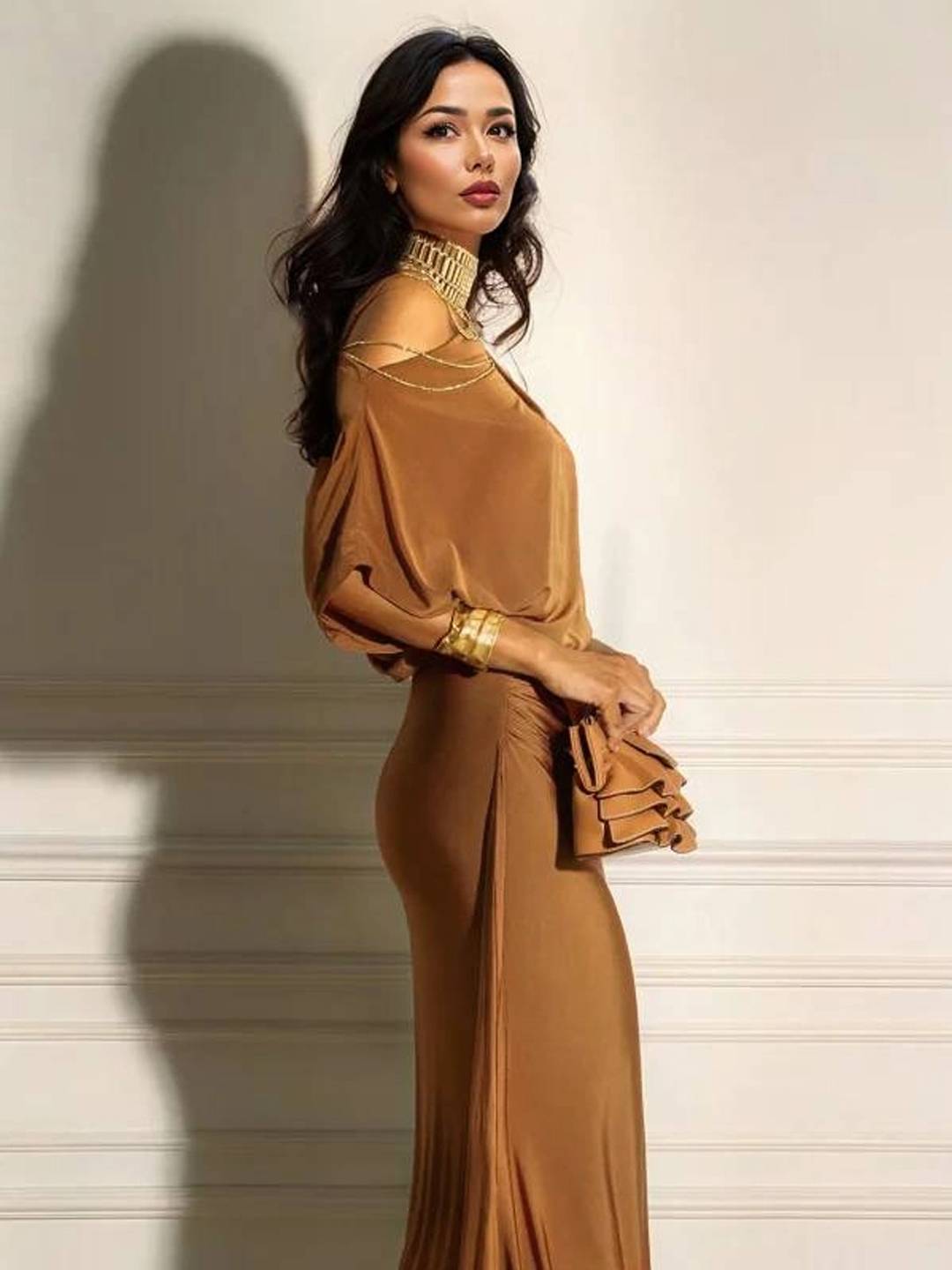 Oblique Kraag Off-Shoulder Geplooide Maxi Jurk