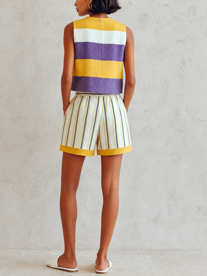 Kleurblok Mouwloze Top & Gestreepte Hoge Taille Shorts Twee-Piece Set